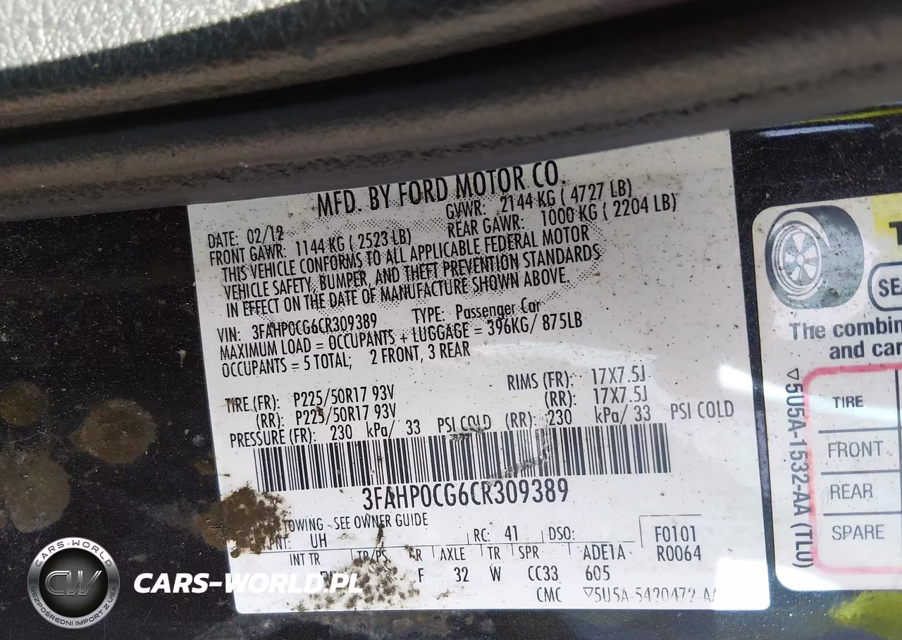 FORD FUSION VIN:3FAHP0CG6CR309389 - 9