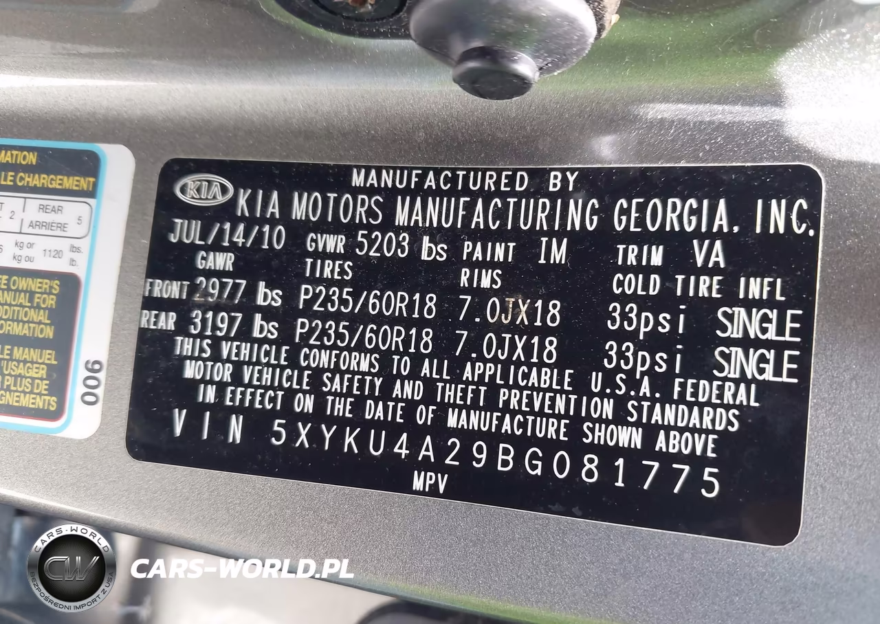 2011 Kia Sorento Ex V6 VIN:5XYKU4A29BG081775 - 9