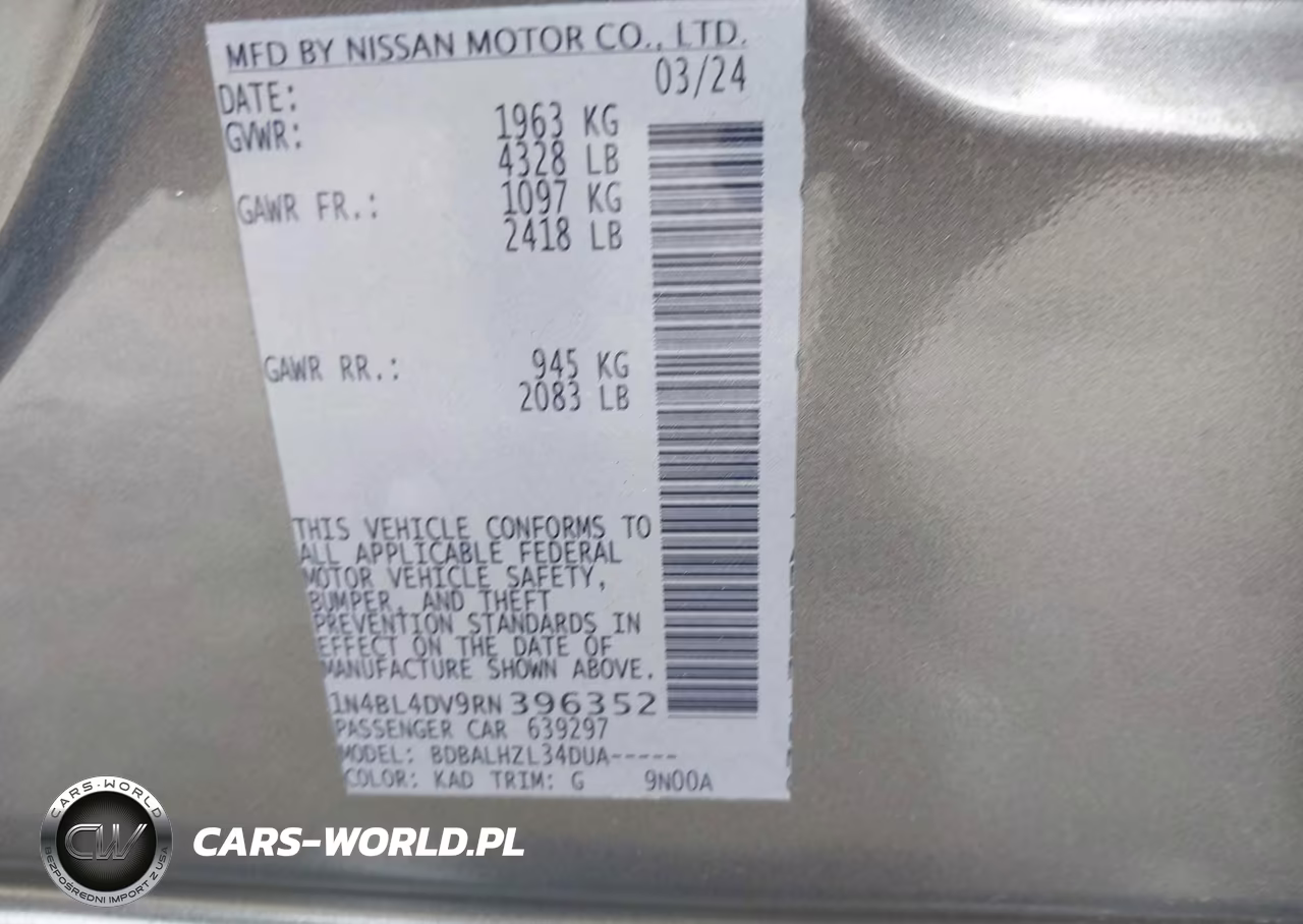 2024 Nissan Altima Sv Fwd VIN:1N4BL4DV9RN396352 - 9