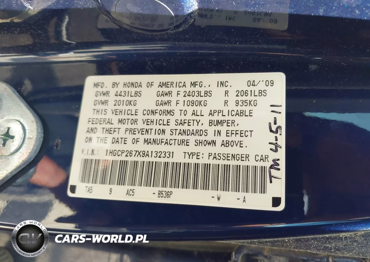 2009 Honda Accord 2.4 Ex VIN:1HGCP267X9A132331 - 9