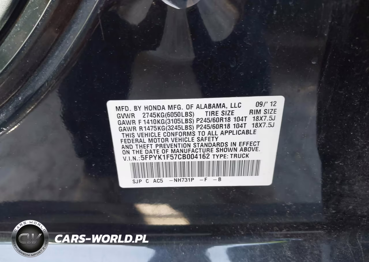 2012 Honda Ridgeline Rtl VIN:5FPYK1F57CB004162 - 9