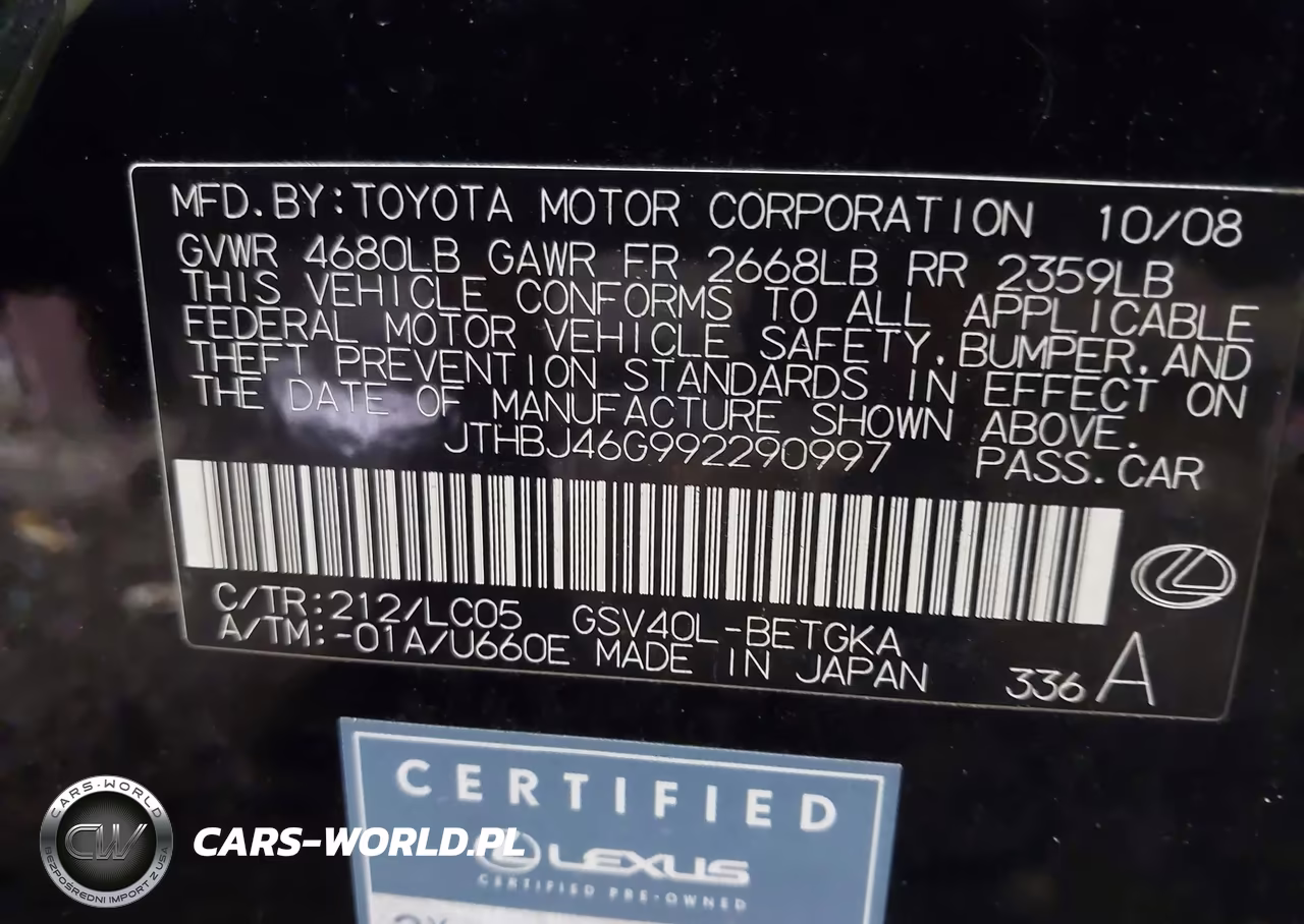2009 Lexus Es 350 VIN:JTHBJ46G992290997 - 9