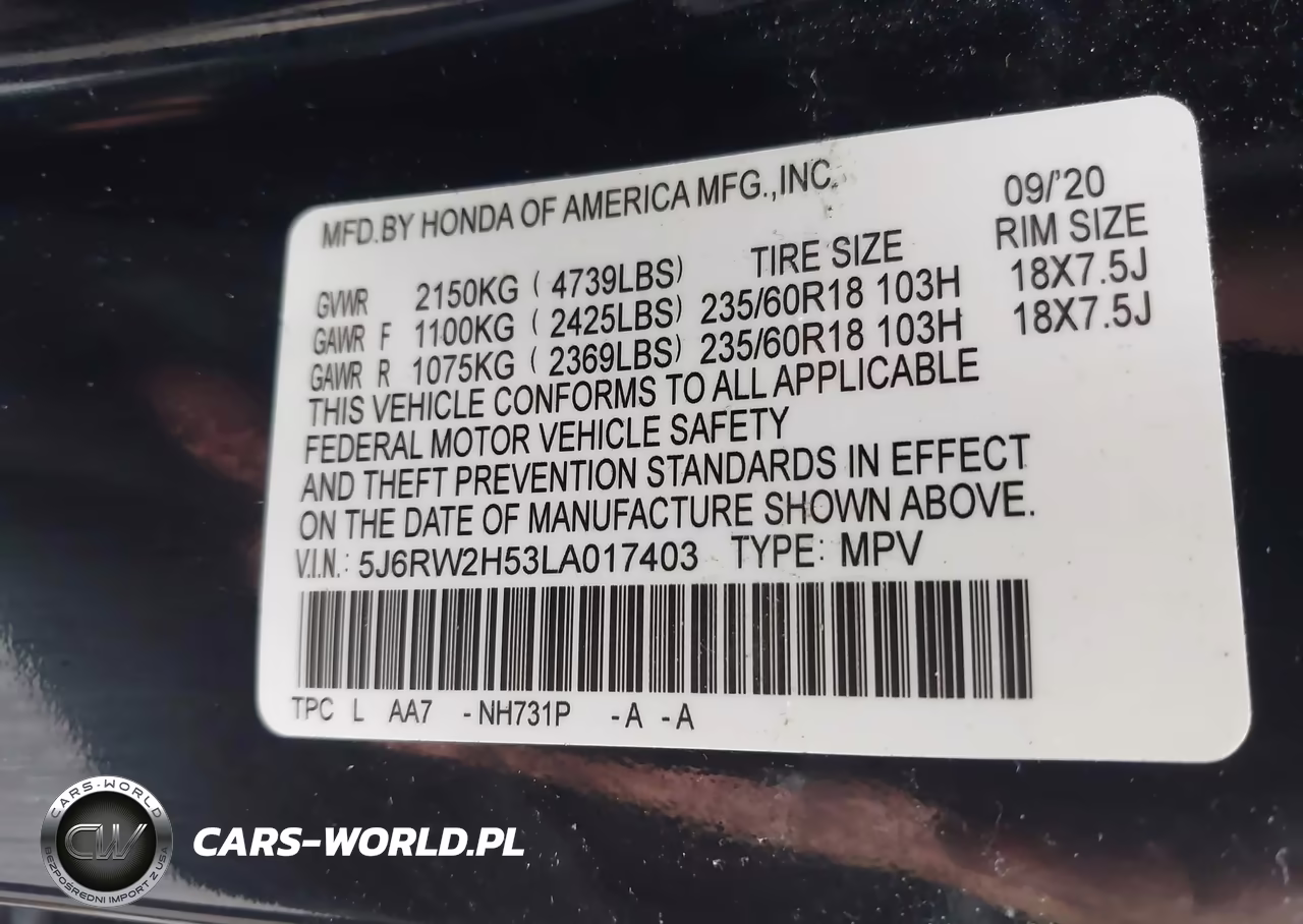 2020 Honda Cr-V Awd Ex VIN:5J6RW2H53LA017403 - 9