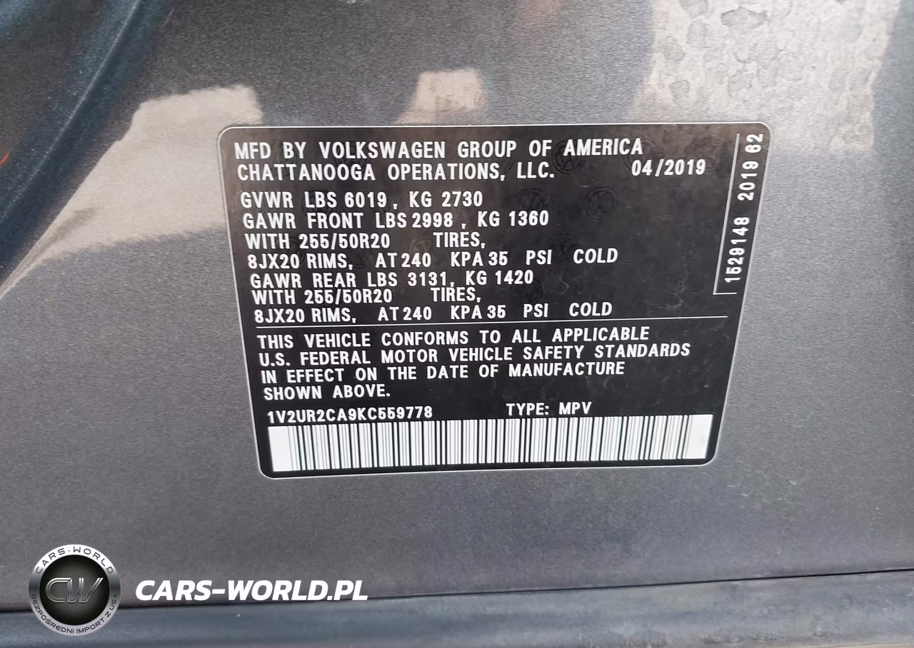 2019 Volkswagen Atlas 3.6L V6 Se W-Technology VIN:1V2UR2CA9KC559778 - 9