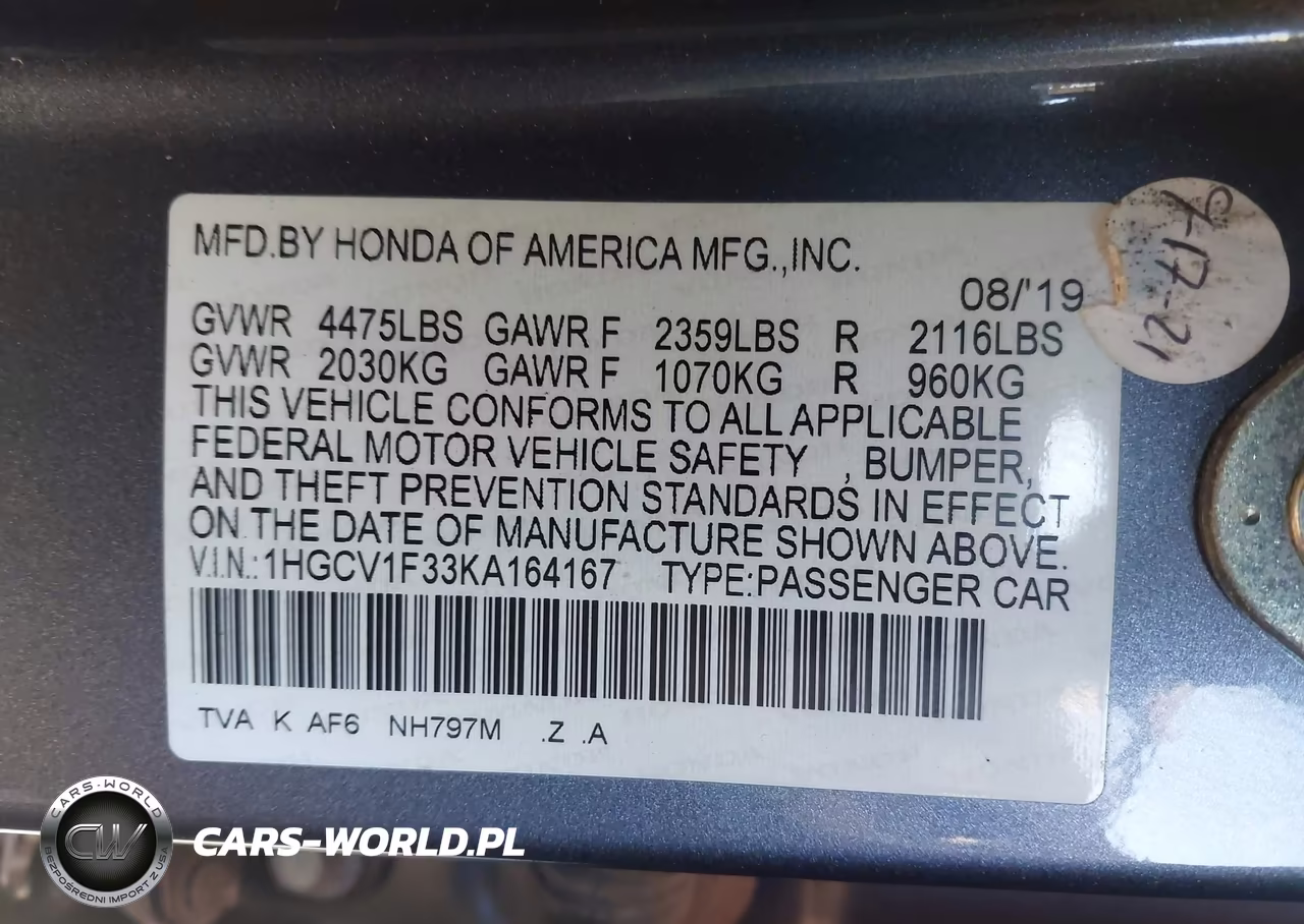 2019 Honda Accord Sport VIN:1HGCV1F33KA164167 - 9