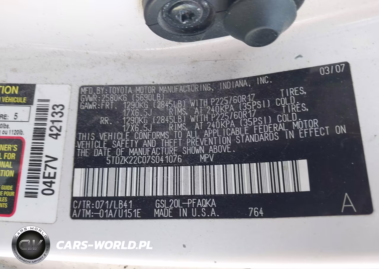 2007 Toyota Sienna Xle VIN:5TDZK22C07S041076 - 9