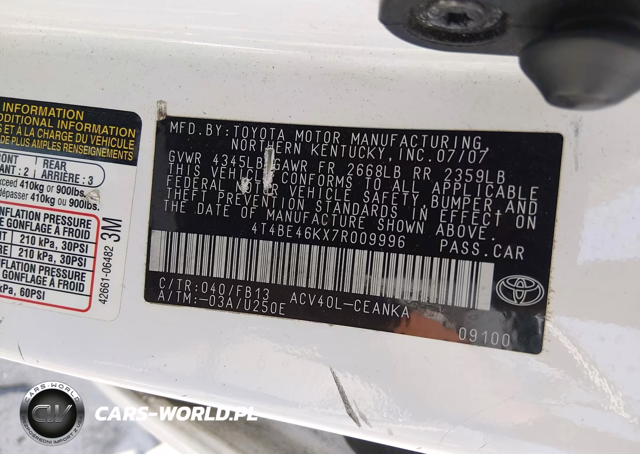 2007 Toyota Camry Le VIN:4T4BE46KX7R009996 - 9