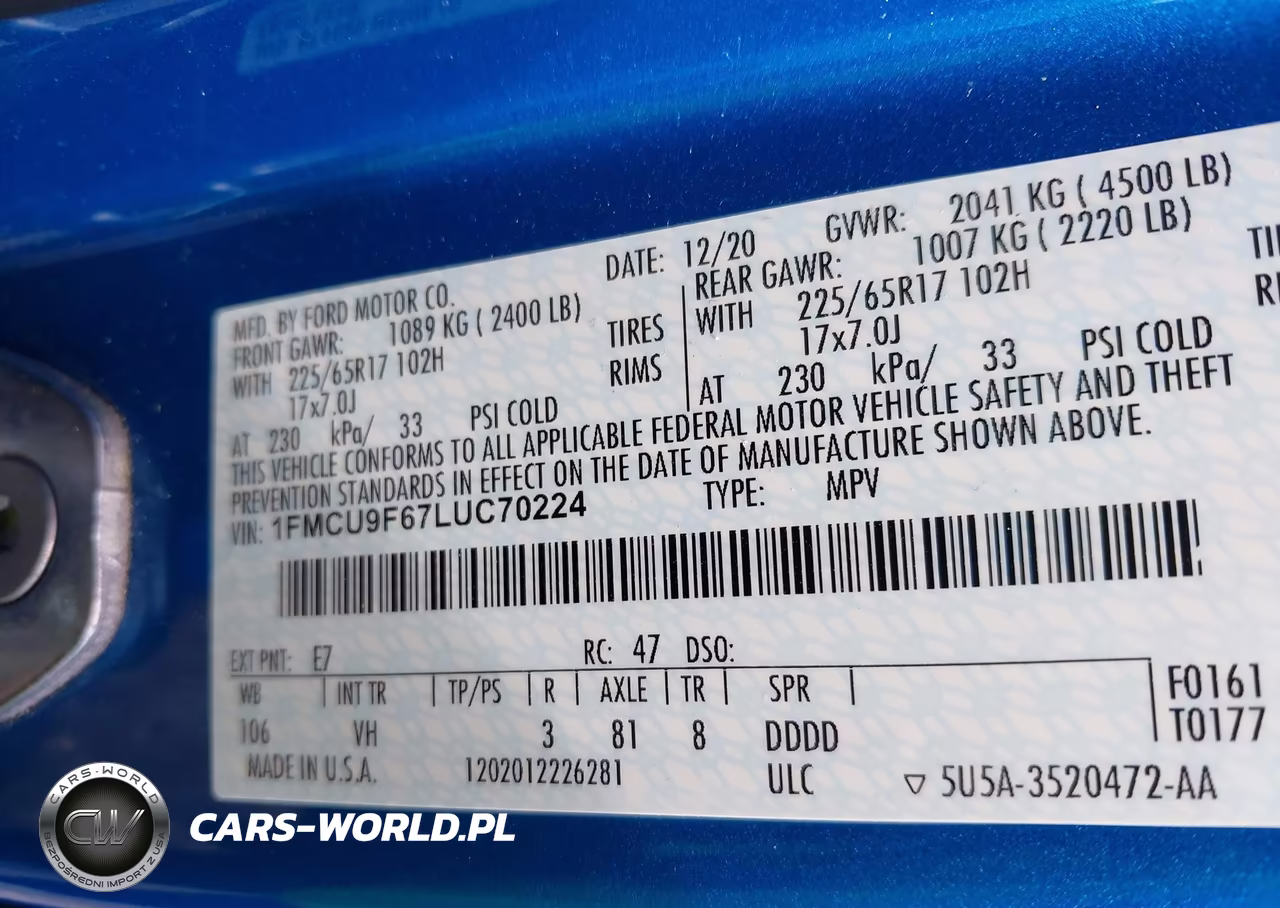 2020 Ford Escape S VIN:1FMCU9F67LUC70224 - 9