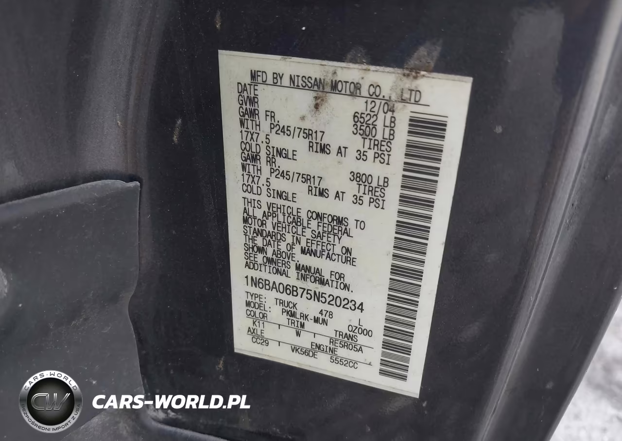 2005 Nissan Titan Xe VIN:1N6BA06B75N520234 - 9