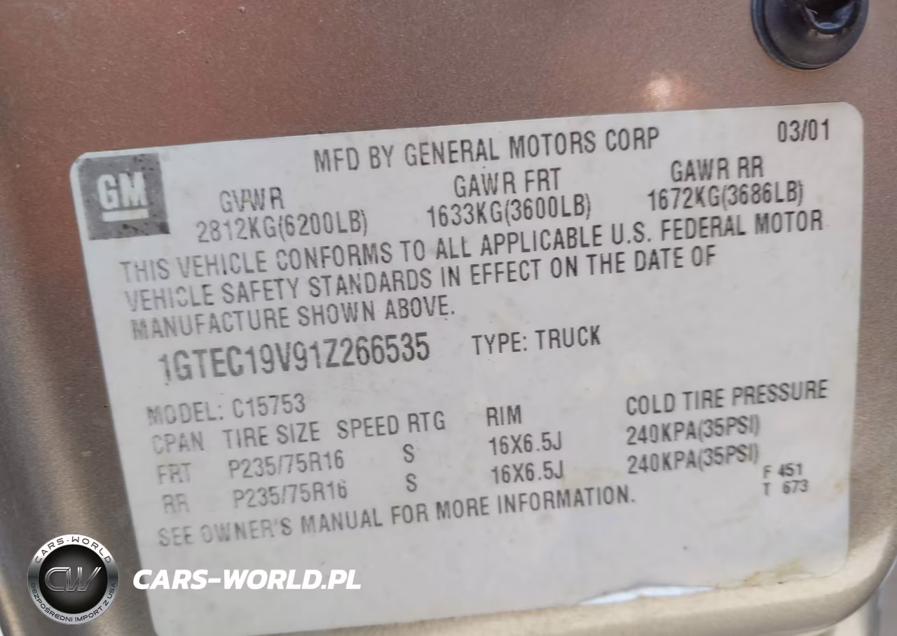 2001 GMC Sierra 1500 Sl VIN:1GTEC19V91Z266535 - 9