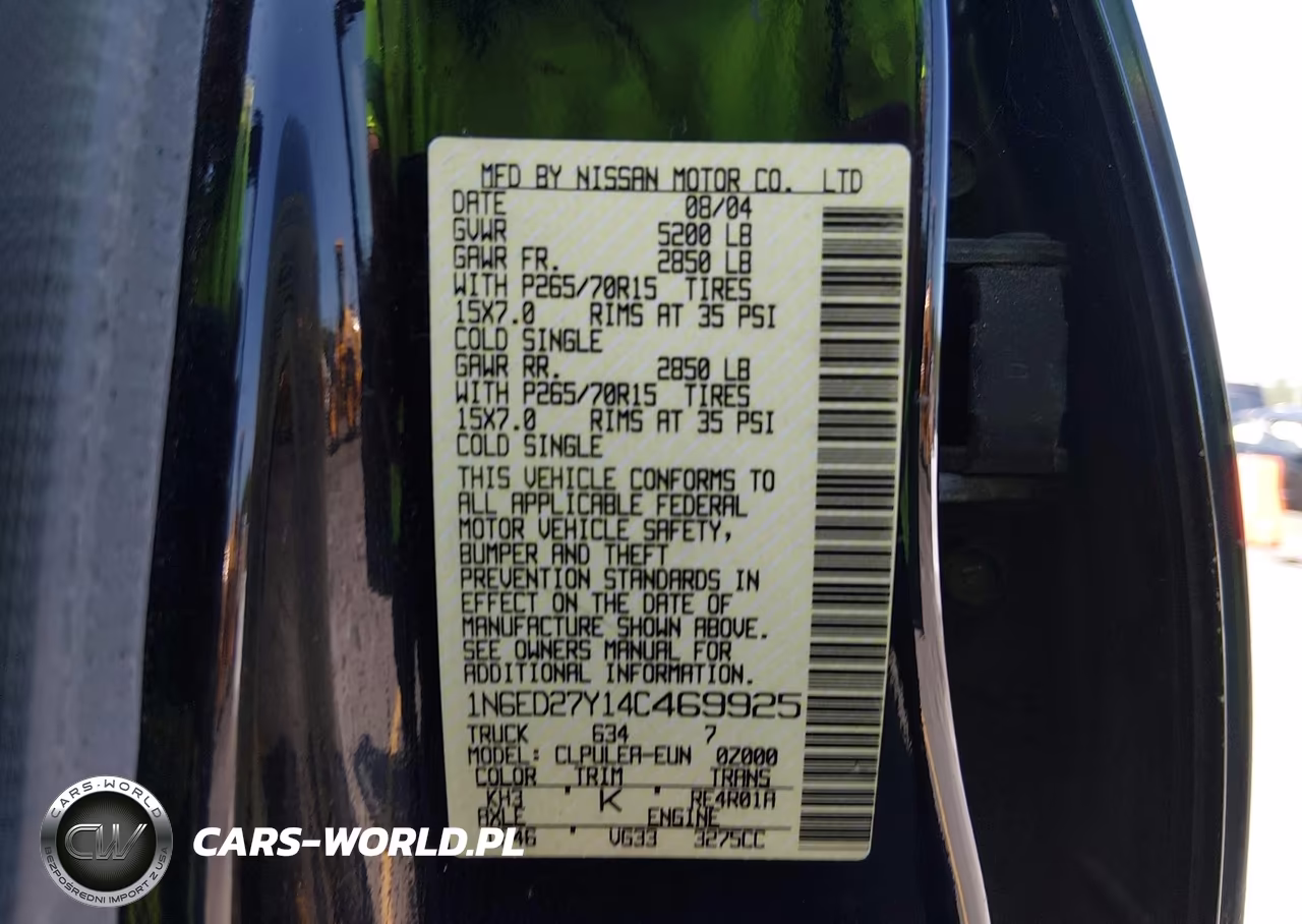2004 Nissan Frontier Xe-V6 VIN:1N6ED27Y14C469925 - 9