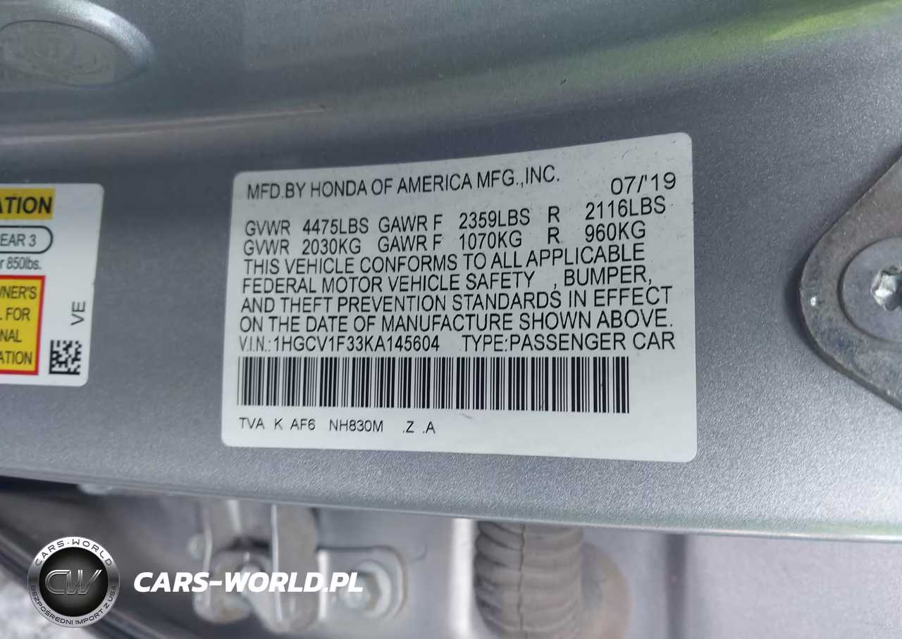 2019 Honda Accord Sport VIN:1HGCV1F33KA145604 - 9