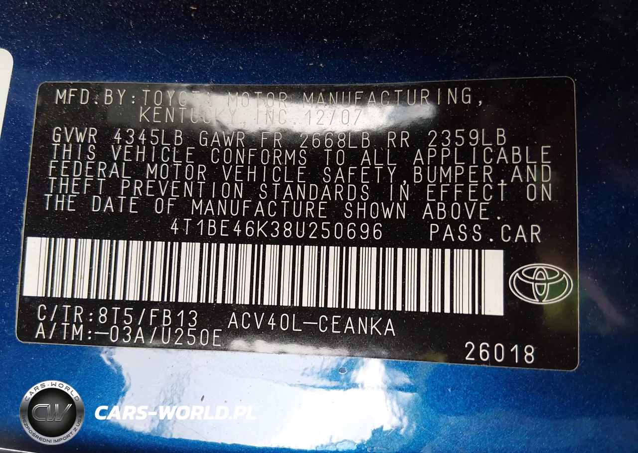 2008 Toyota Camry Le VIN:4T1BE46K38U250696 - 9