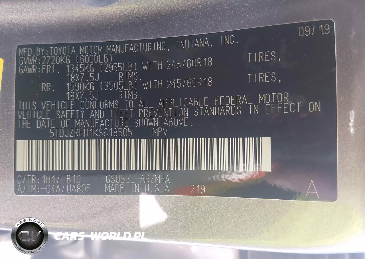 2019 Toyota Highlander Xle VIN:5TDJZRFH1KS618505 - 9