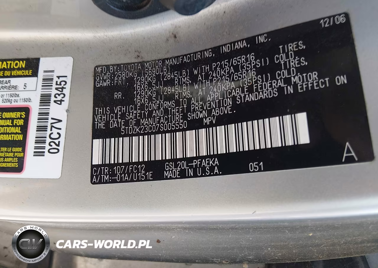 2007 Toyota Sienna Le VIN:5TDZK23C07S005550 - 9