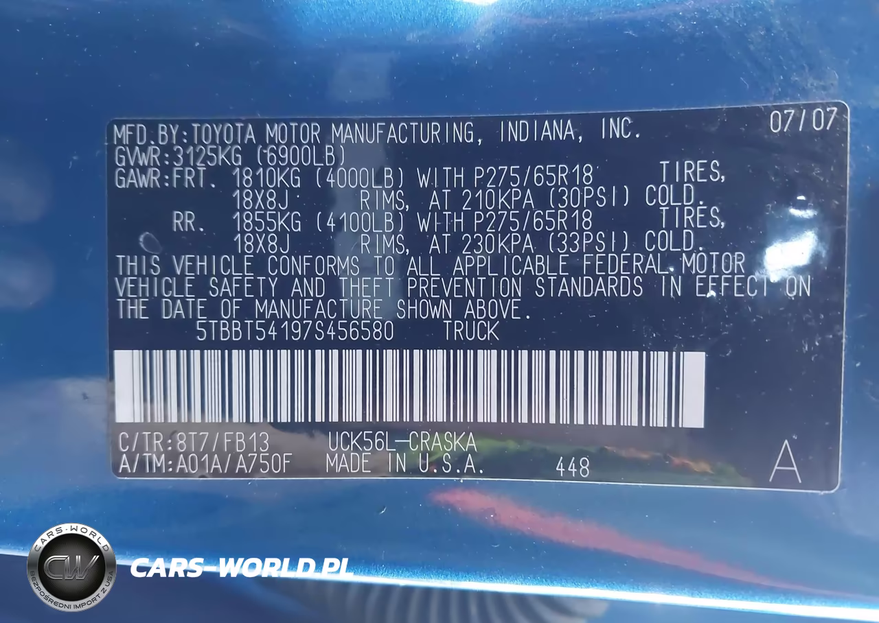 2007 Toyota Tundra Sr5 4.7L V8 VIN:5TBBT54197S456580 - 9