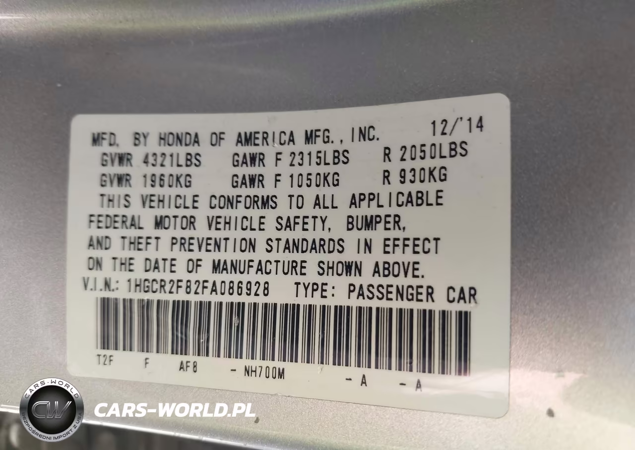 2015 Honda Accord Ex-L VIN:1HGCR2F82FA086928 - 9