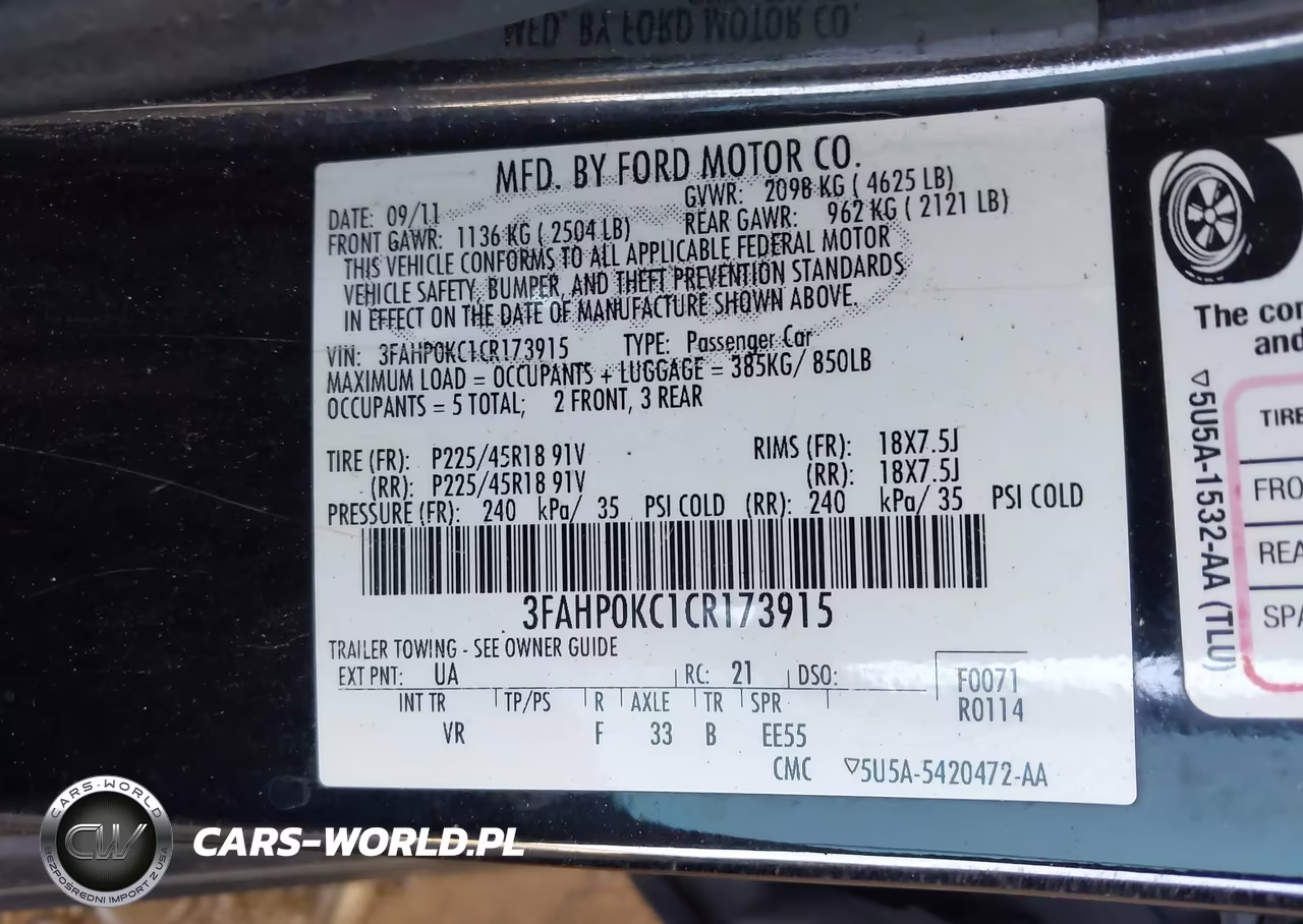 2012 Ford Fusion Sport VIN:3FAHP0KC1CR173915 - 9
