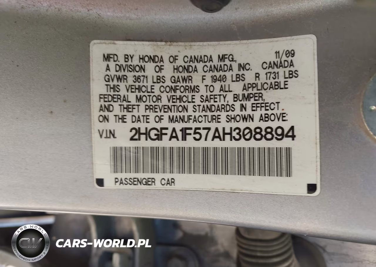2010 Honda Civic Lx VIN:2HGFA1F57AH308894 - 9