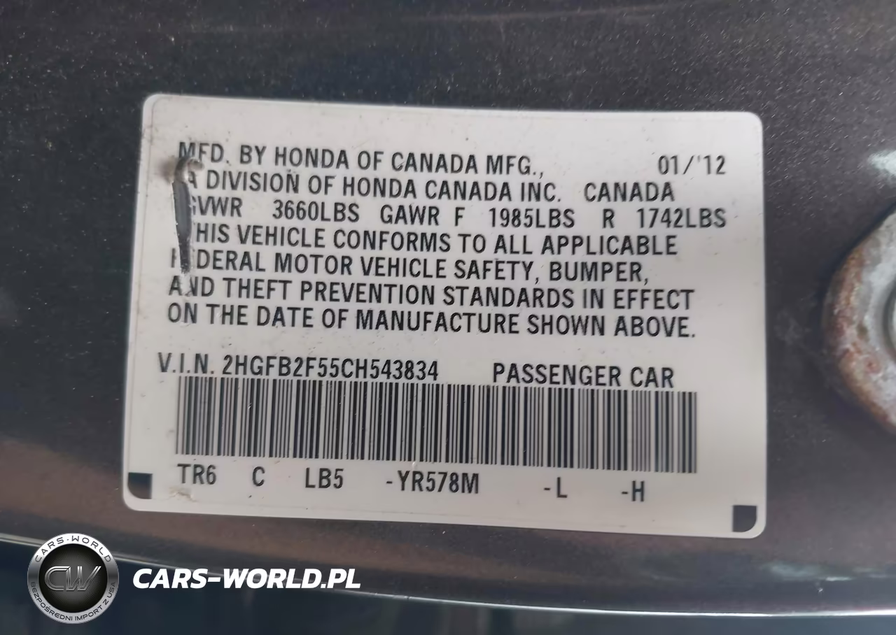 2012 Honda Civic Lx VIN:2HGFB2F55CH543834 - 9