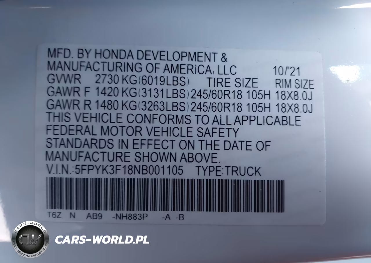 2022 Honda Ridgeline Sport VIN:5FPYK3F18NB001105 - 9