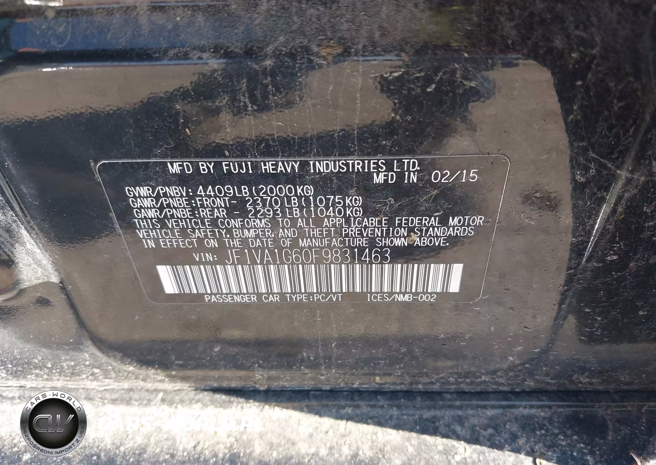 2015 Subaru Wrx Limited VIN:JF1VA1G60F9831463 - 9