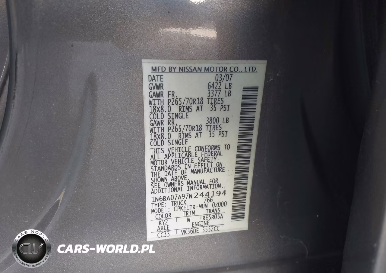 2007 Nissan Titan Se VIN:1N6BA07A97N244194 - 9
