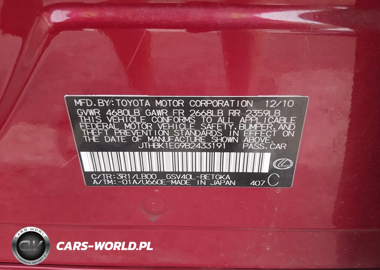 2011 Lexus Es 350 VIN:JTHBK1EG9B2433191 - 9