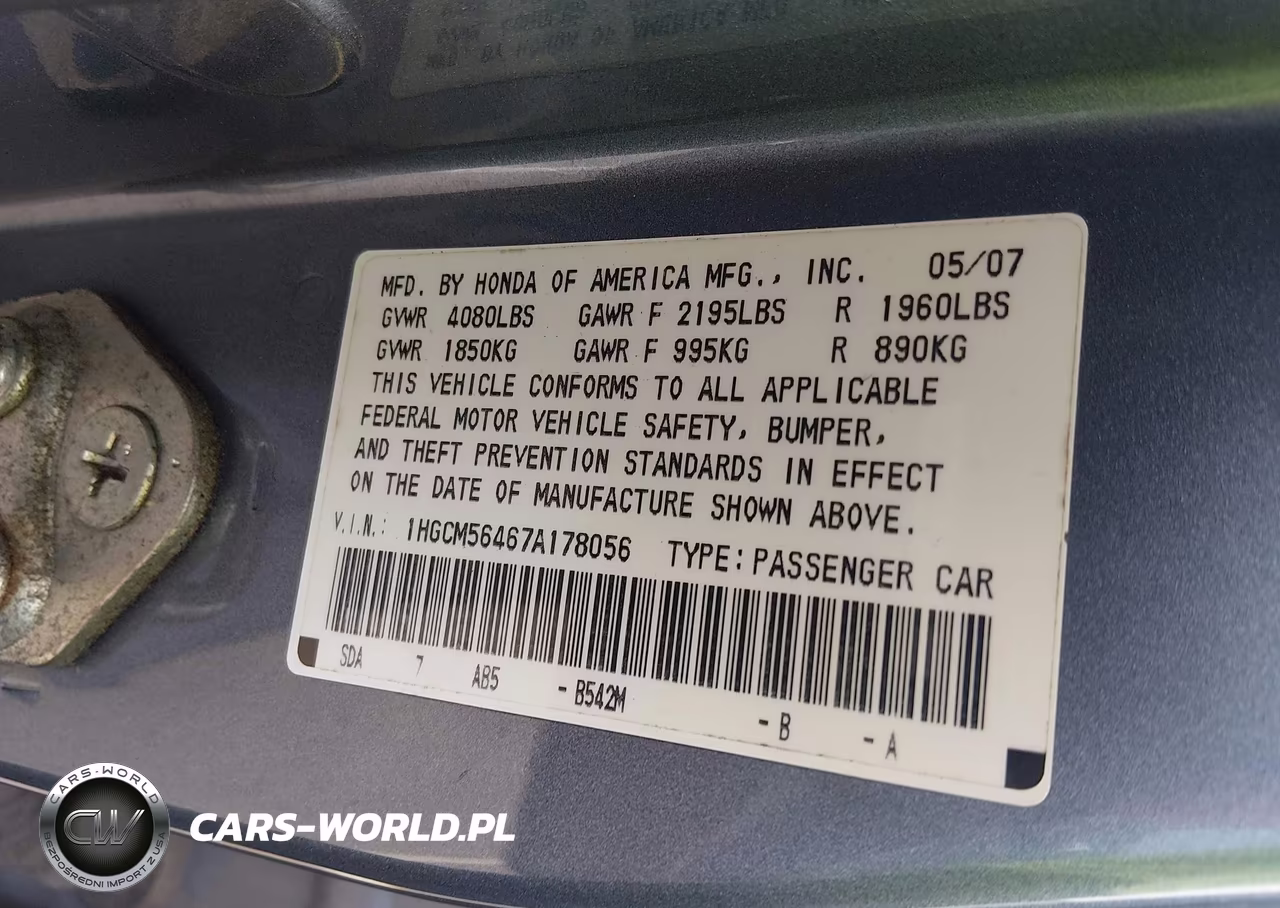 2007 Honda Accord 2.4 Lx VIN:1HGCM56467A178056 - 9