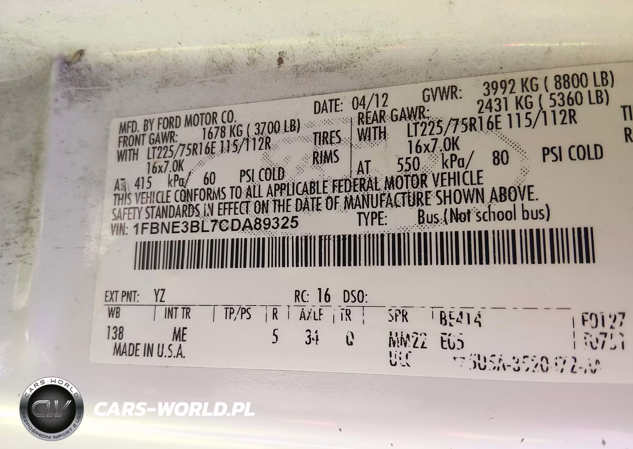 2012 Ford E-350 Super Duty Xlt VIN:1FBNE3BL7CDA89325 - 9