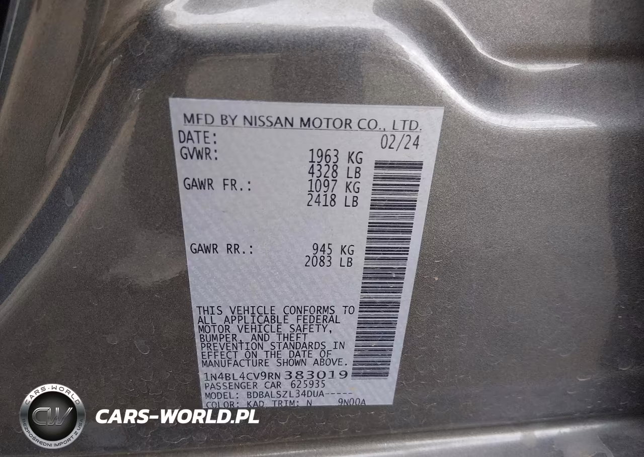 2024 Nissan Altima Sr Fwd VIN:1N4BL4CV9RN383019 - 9