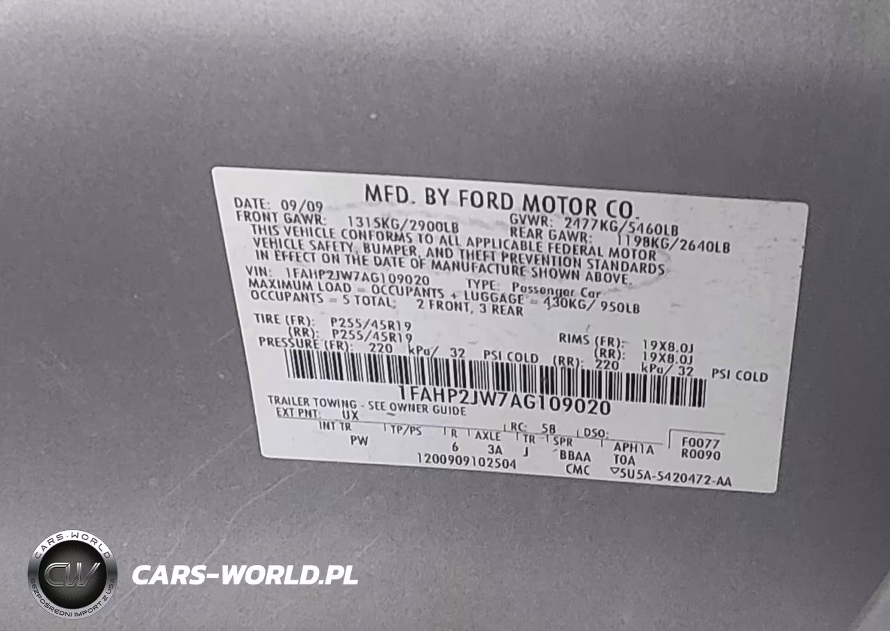 FORD TAURUS LIM VIN:1FAHP2JW7AG109020 - 9