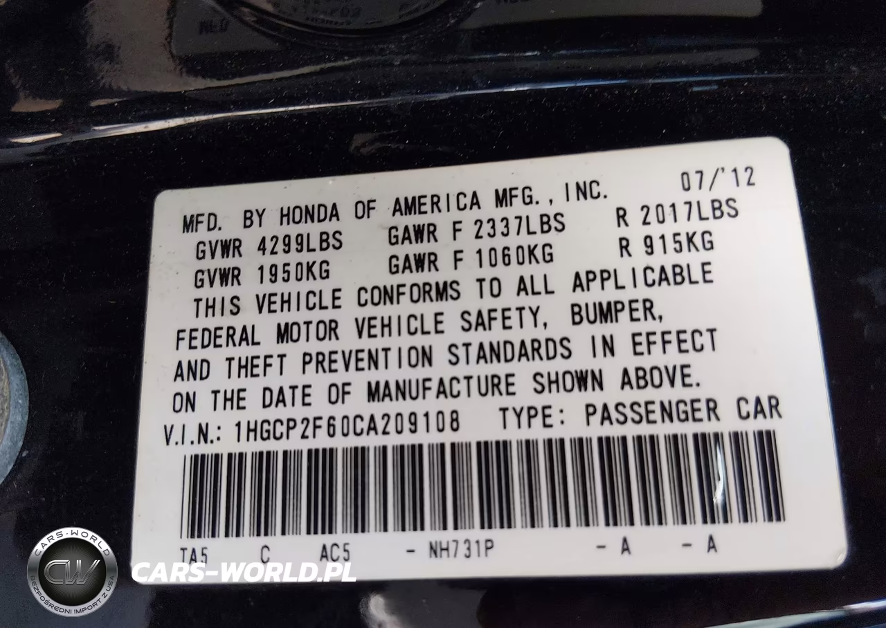 2012 Honda Accord 2.4 Se VIN:1HGCP2F60CA209108 - 9