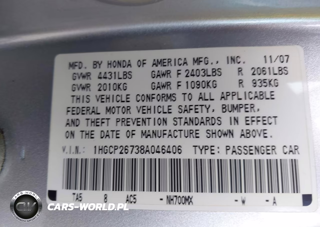 2008 Honda Accord 2.4 Ex VIN:1HGCP26738A046406 - 9