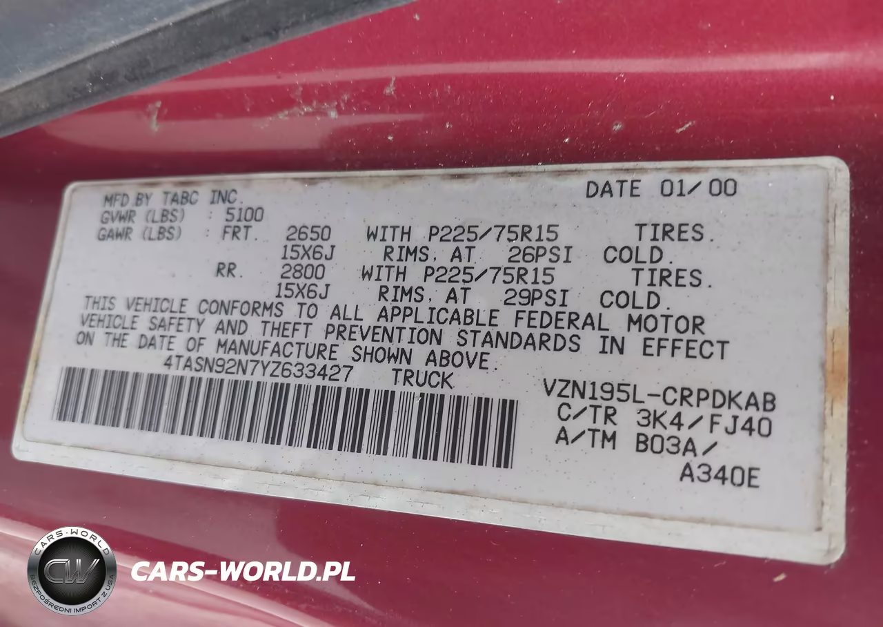 2000 Toyota Tacoma Prerunner V6 VIN:4TASN92N7YZ633427 - 9
