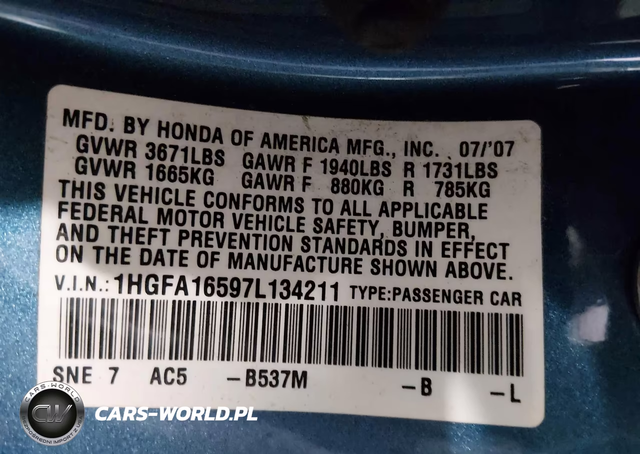 2007 Honda Civic Lx VIN:1HGFA16597L134211 - 9