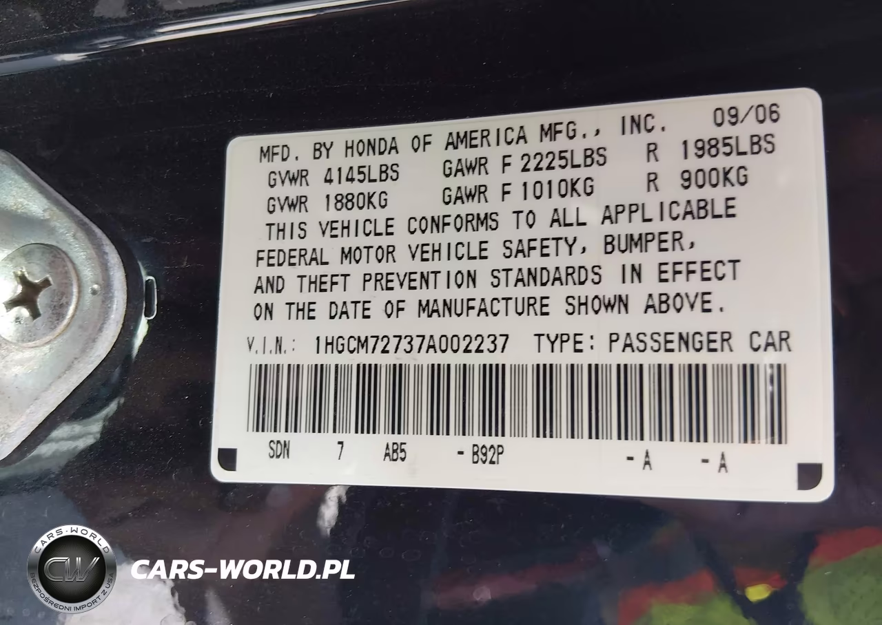 2007 Honda Accord 2.4 Ex VIN:1HGCM72737A002237 - 9