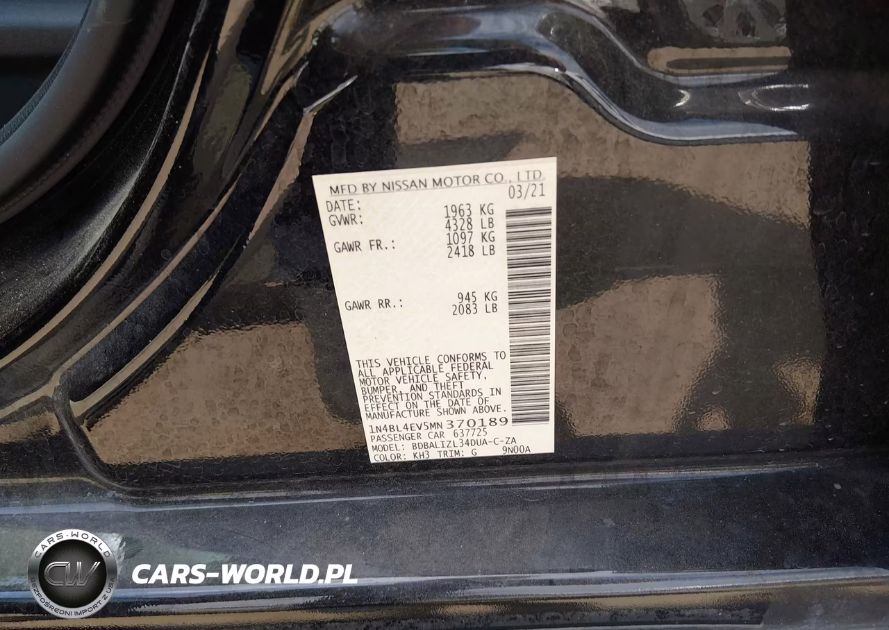 2021 Nissan Altima Sl Fwd VIN:1N4BL4EV5MN370189 - 9