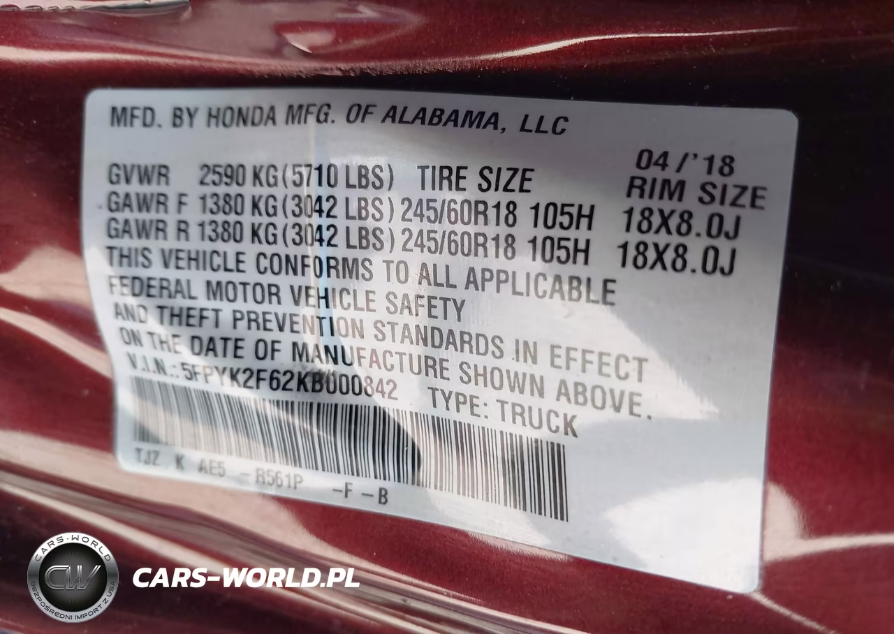 2019 Honda Ridgeline Rtl-T VIN:5FPYK2F62KB000842 - 9