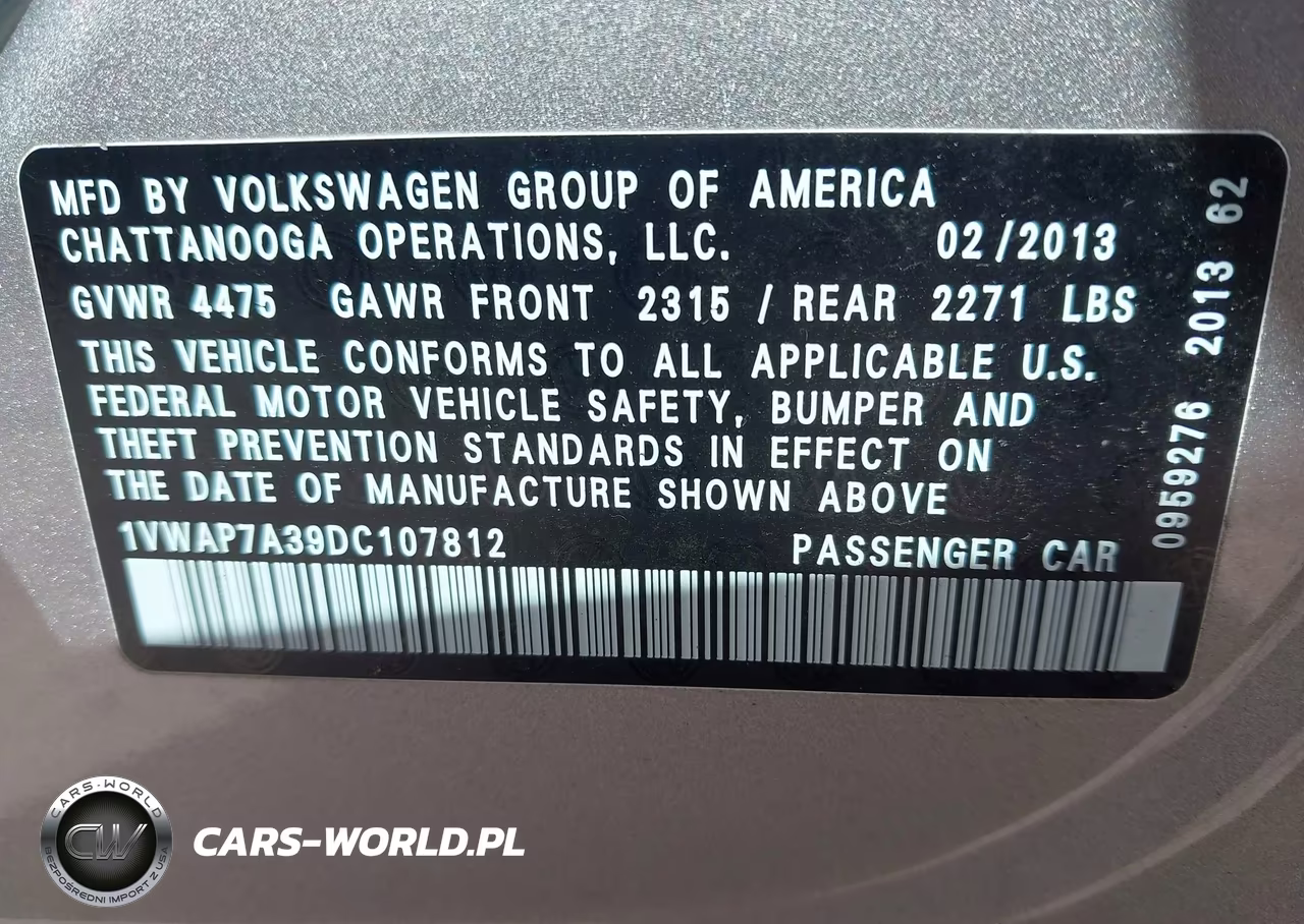 2013 Volkswagen Passat 2.5L S VIN:1VWAP7A39DC107812 - 9