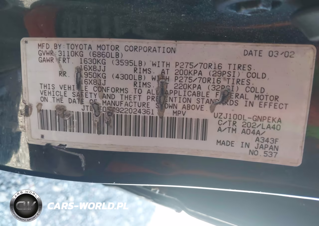 2002 Toyota Land Cruiser VIN:JTEHT05J922024361 - 9