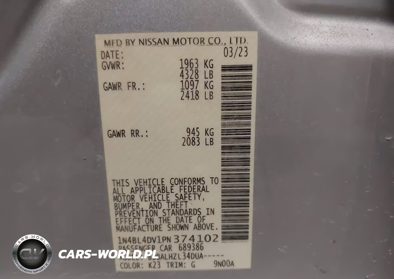 2023 Nissan Altima Sv Fwd VIN:1N4BL4DV1PN374102 - 9