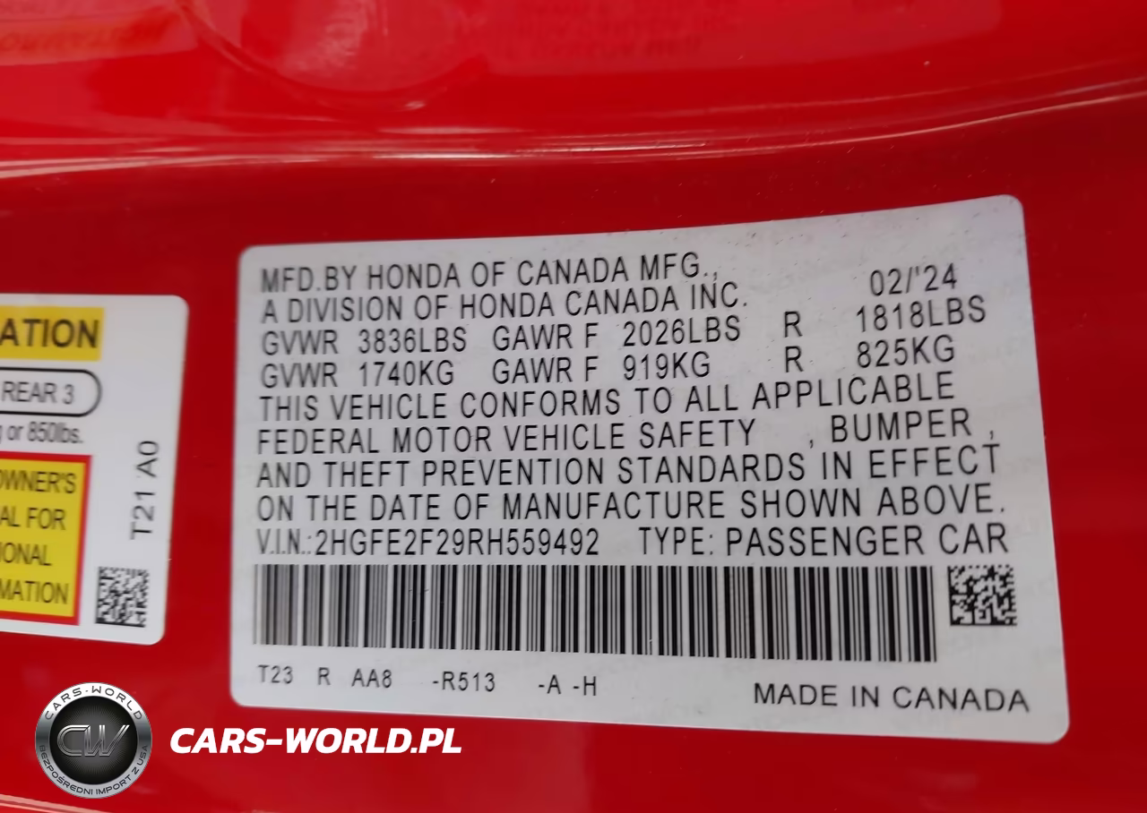 2024 Honda Civic Lx VIN:2HGFE2F29RH559492 - 9