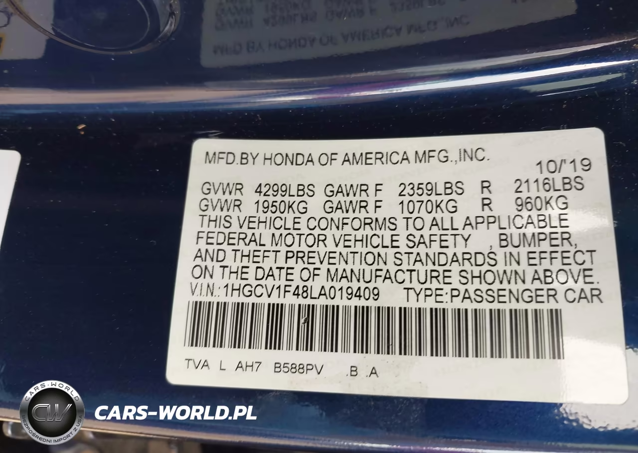 2020 Honda Accord Ex VIN:1HGCV1F48LA019409 - 9