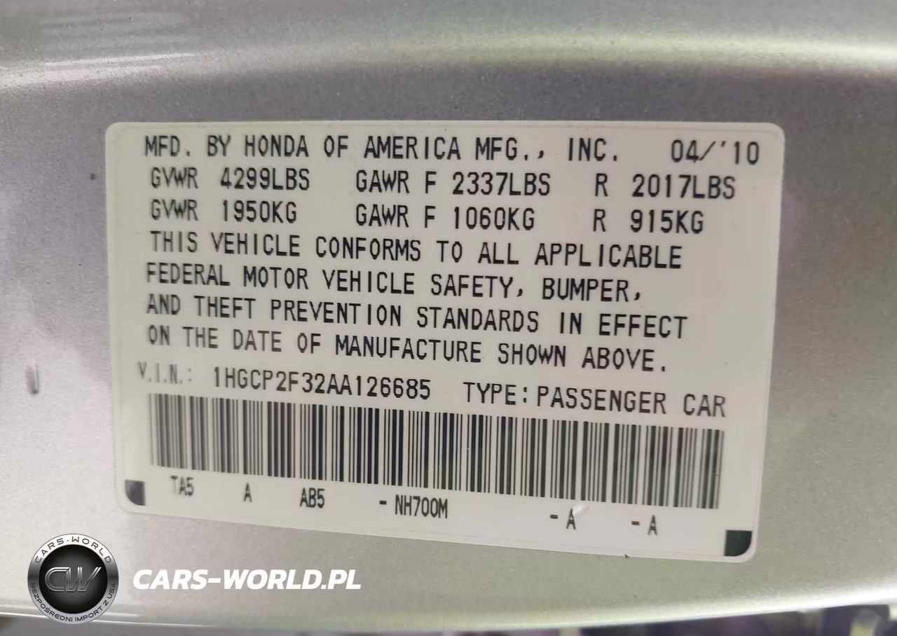 2010 Honda Accord 2.4 Lx VIN:1HGCP2F32AA126685 - 9