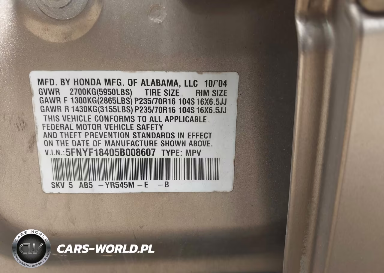 2005 Honda Pilot Ex VIN:5FNYF18405B008607 - 9