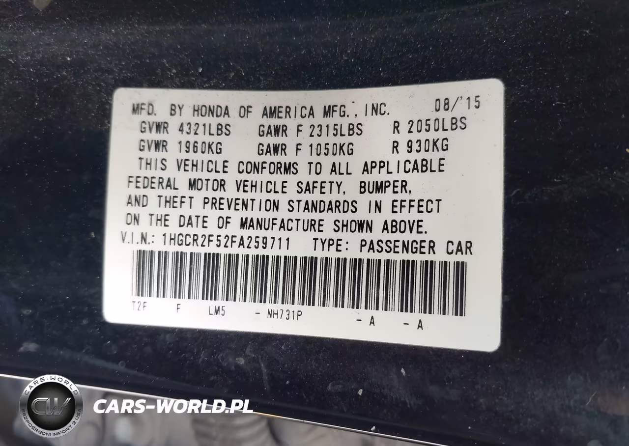 2015 Honda Accord Sport VIN:1HGCR2F52FA259711 - 9