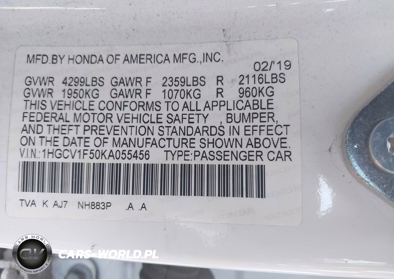 2019 Honda Accord Ex-L VIN:1HGCV1F50KA055456 - 9