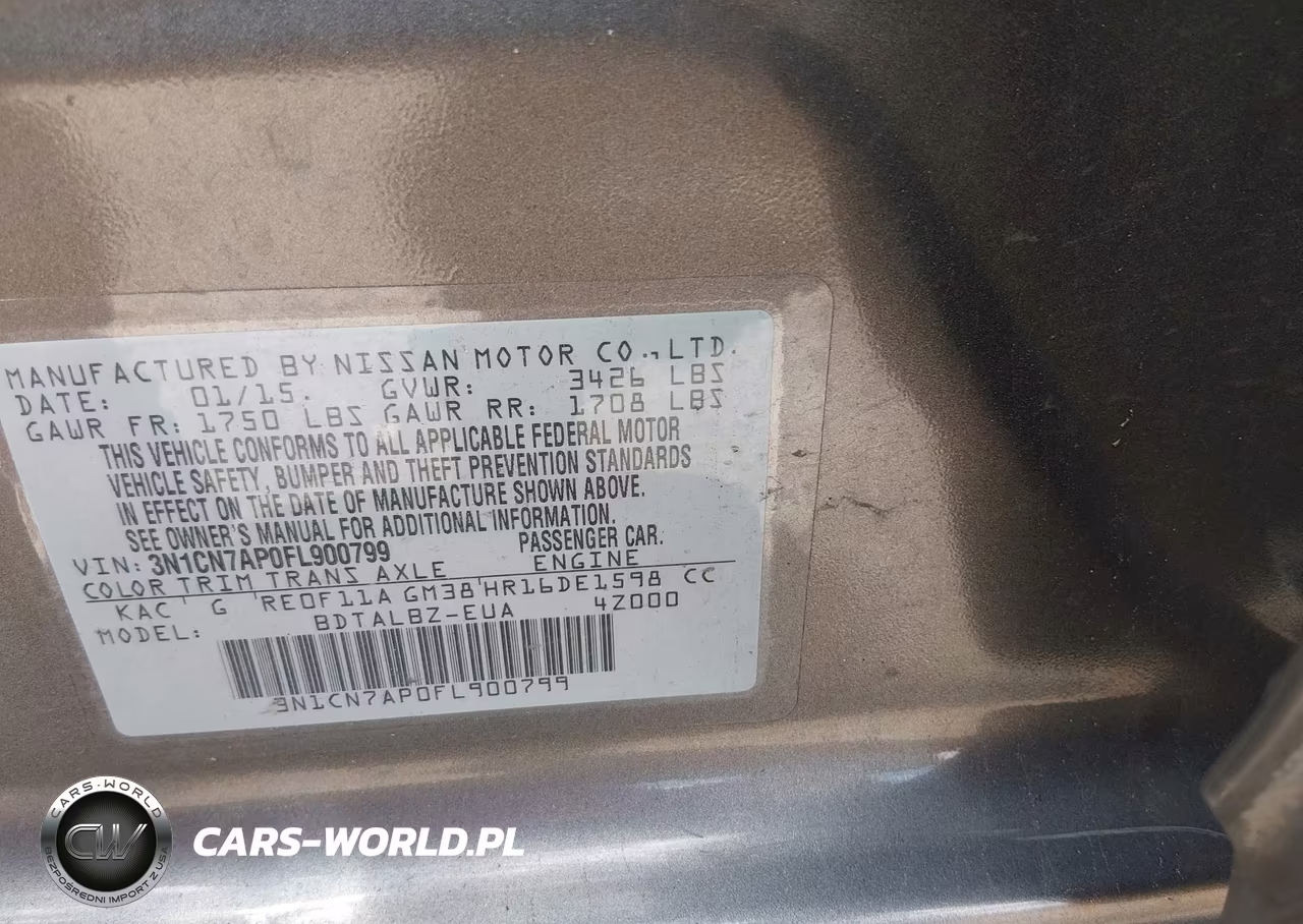 2015 Nissan Versa 1.6 S-1.6 S+-1.6 Sl-1.6 Sv VIN:3N1CN7AP0FL900799 - 9