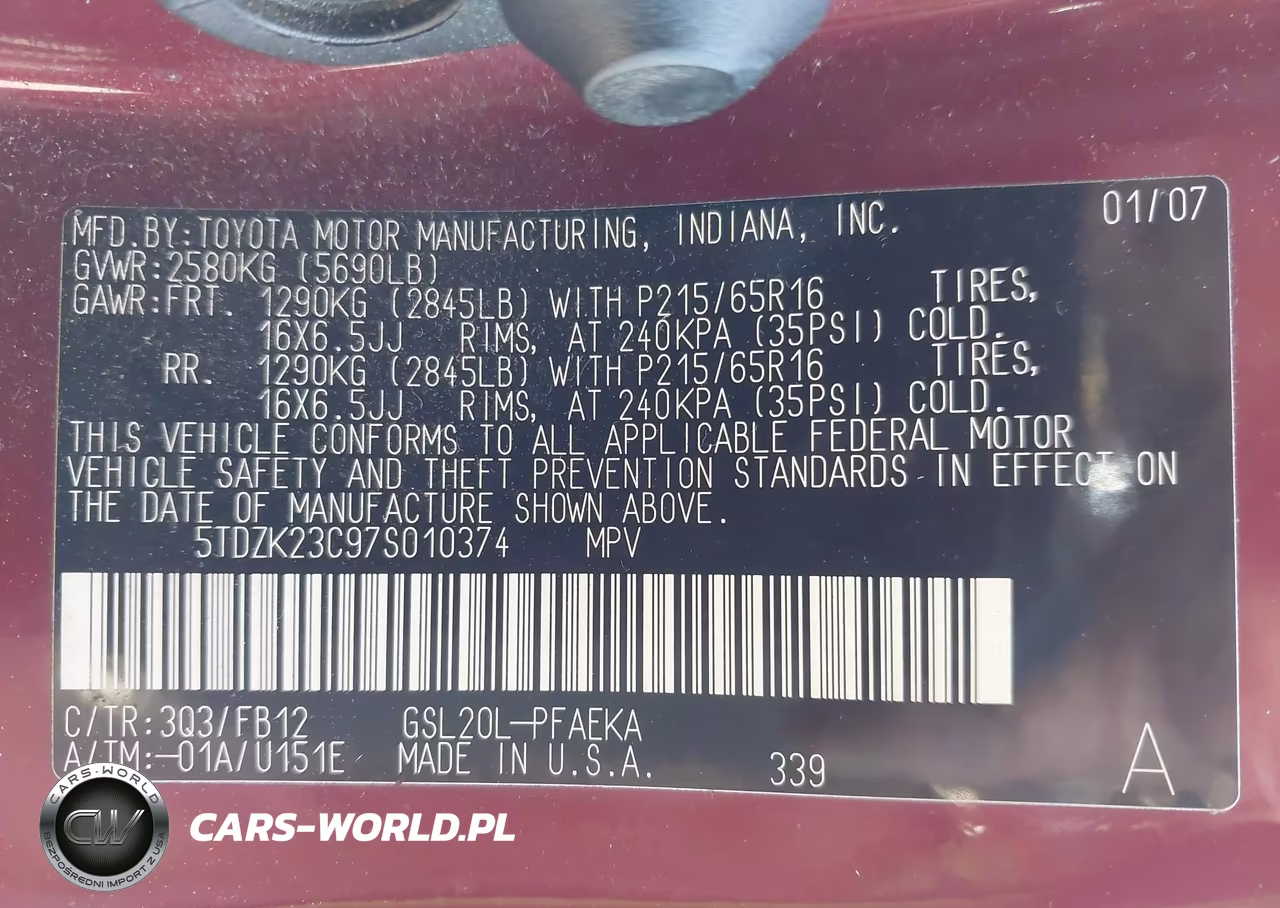2007 Toyota Sienna Ce VIN:5TDZK23C97S010374 - 9